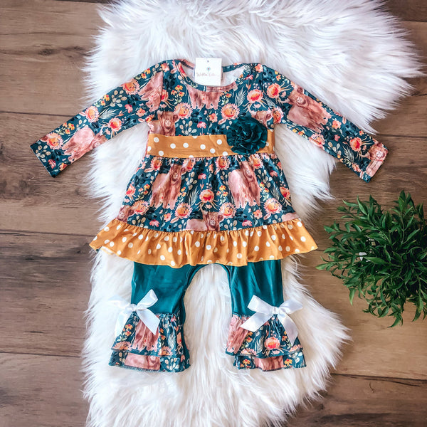 NEW Cows & Coneflowers Infant Long Sleeve Ruffle Romper