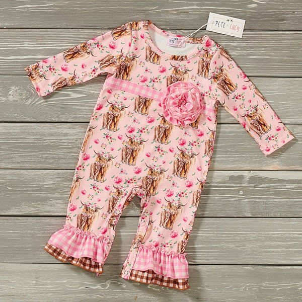 NEW Cows & Roses Long Sleeve Girls Infant Ruffle Romper