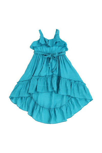 HI Lo Ruffle Linen Dress in Teal Clearance