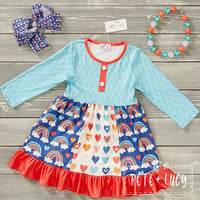 Rainbows With Clouds Long Sleeve Ruffle Dress