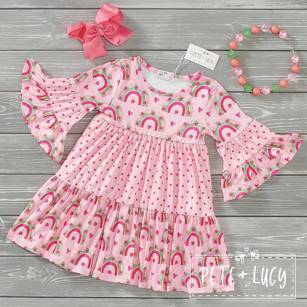 Strawberry Rainbows Long Sleeve Ruffle Dress