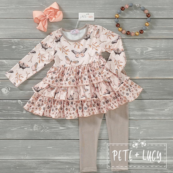 Fall Butterflies Ruffle Tunic Pants Set