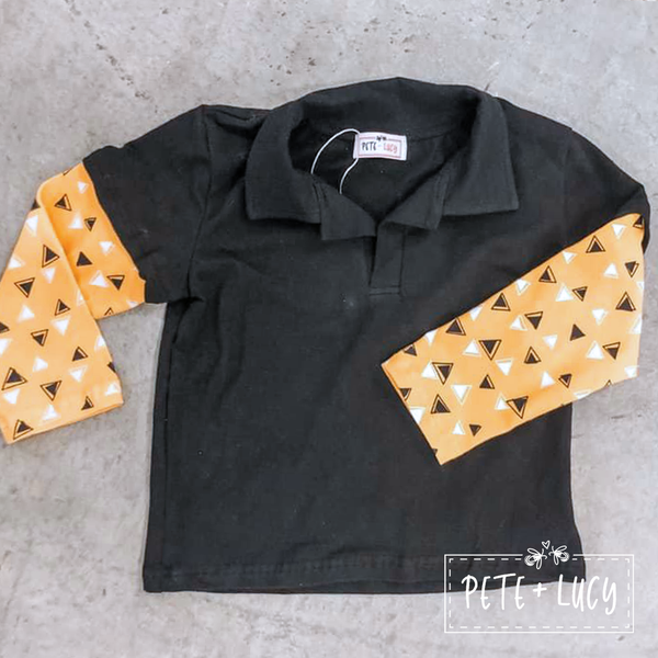 Boy Pete & Lucy Polo Black w Gold Raglan clearance