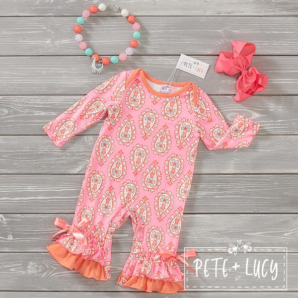 Clearance Peach Paisley Infant Ruffle Romper